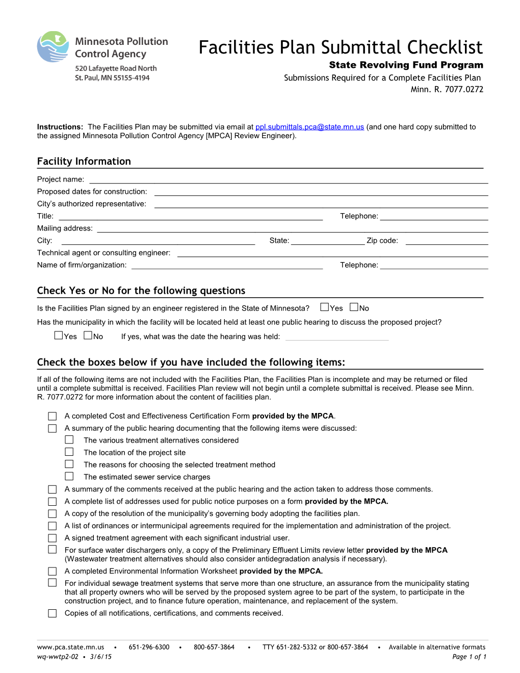 Facilities Plan Submittal Checklist - State Revolving Fund - Form