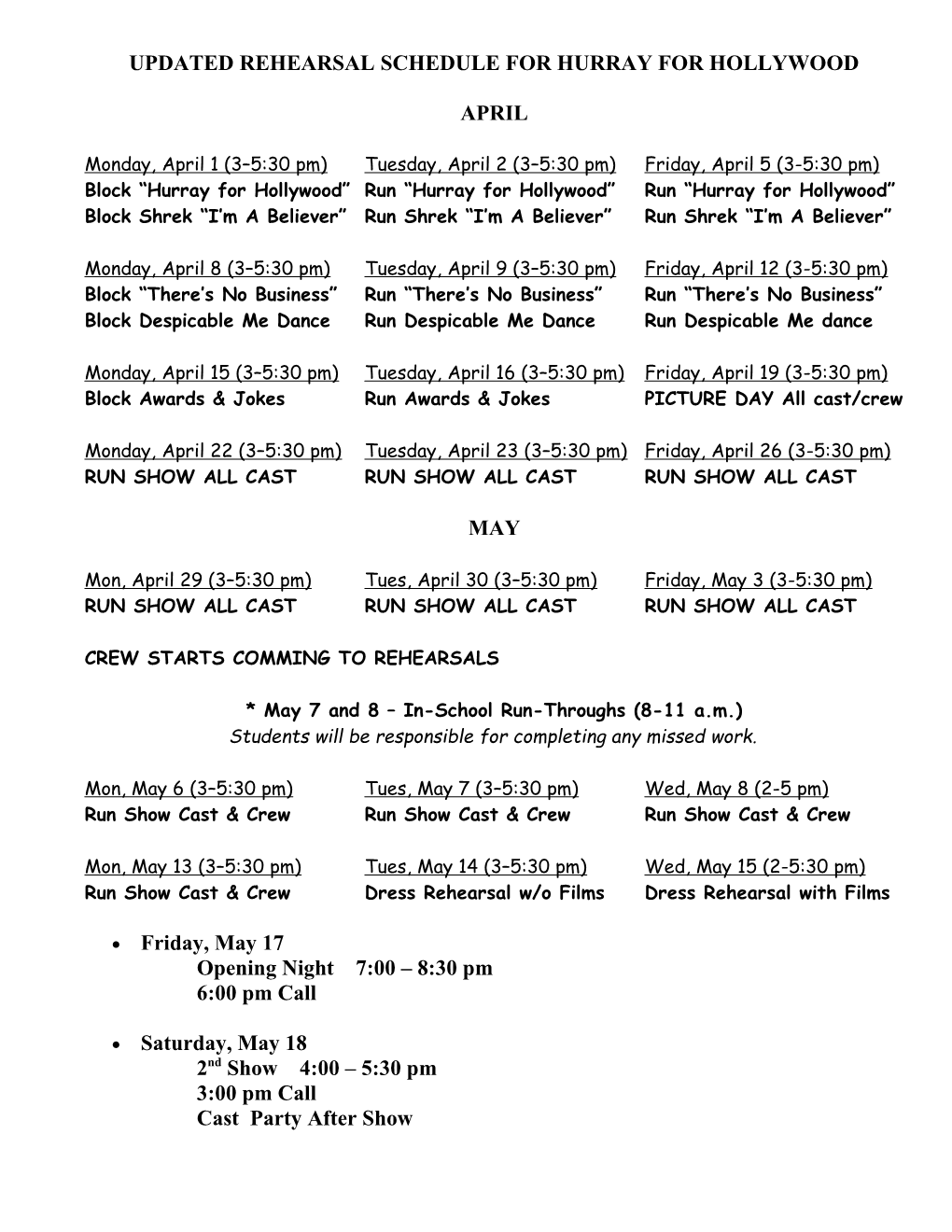 Updated Rehearsal Schedule for Hurray for Hollywood