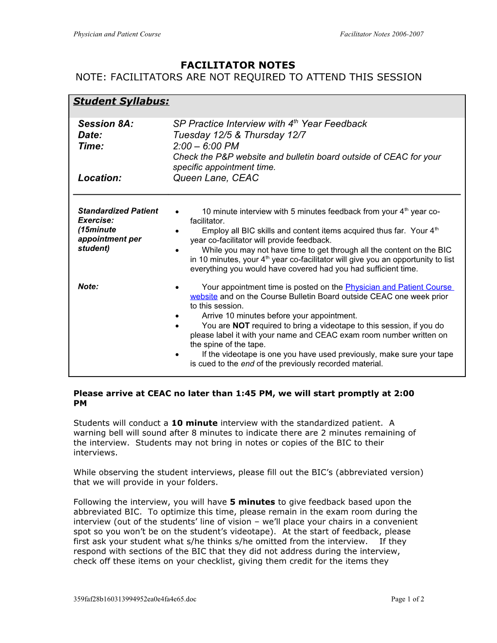 Physician and Patient Coursefacilitator Notes 2006-2007