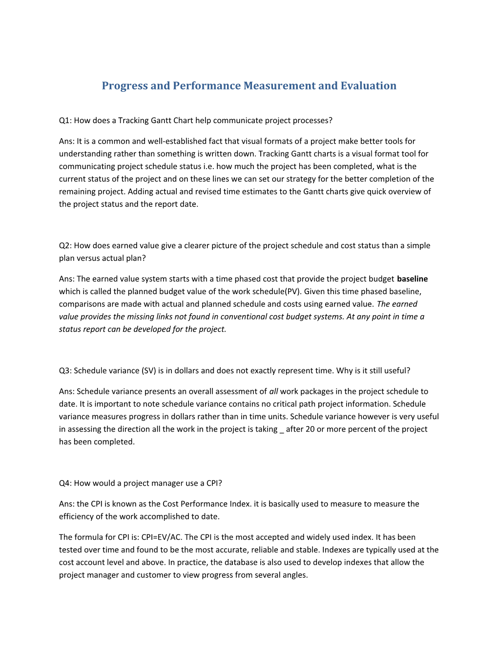 Progress and Performance Measurement and Evaluation