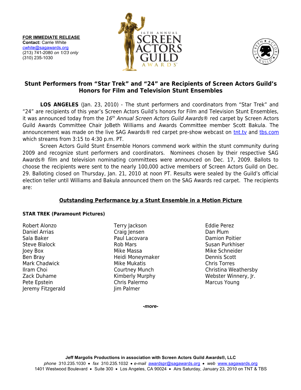 Recipients of Screen Actors Guild S Stunt Ensemble Honors Announced During Tbs.Tv And
