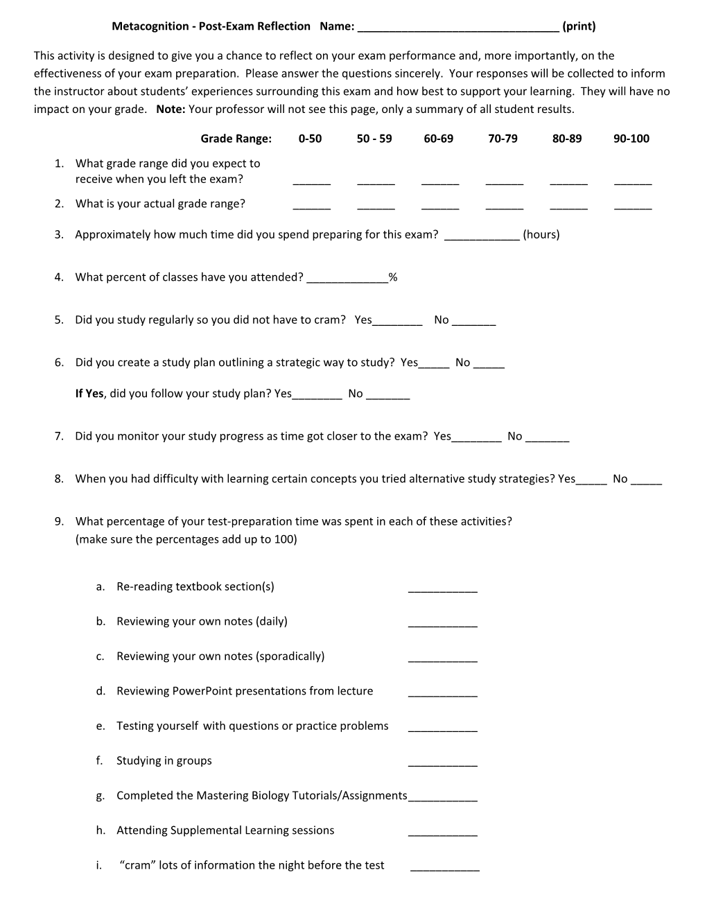 Metacognition - Post-Exam Reflectionname: ______(Print)