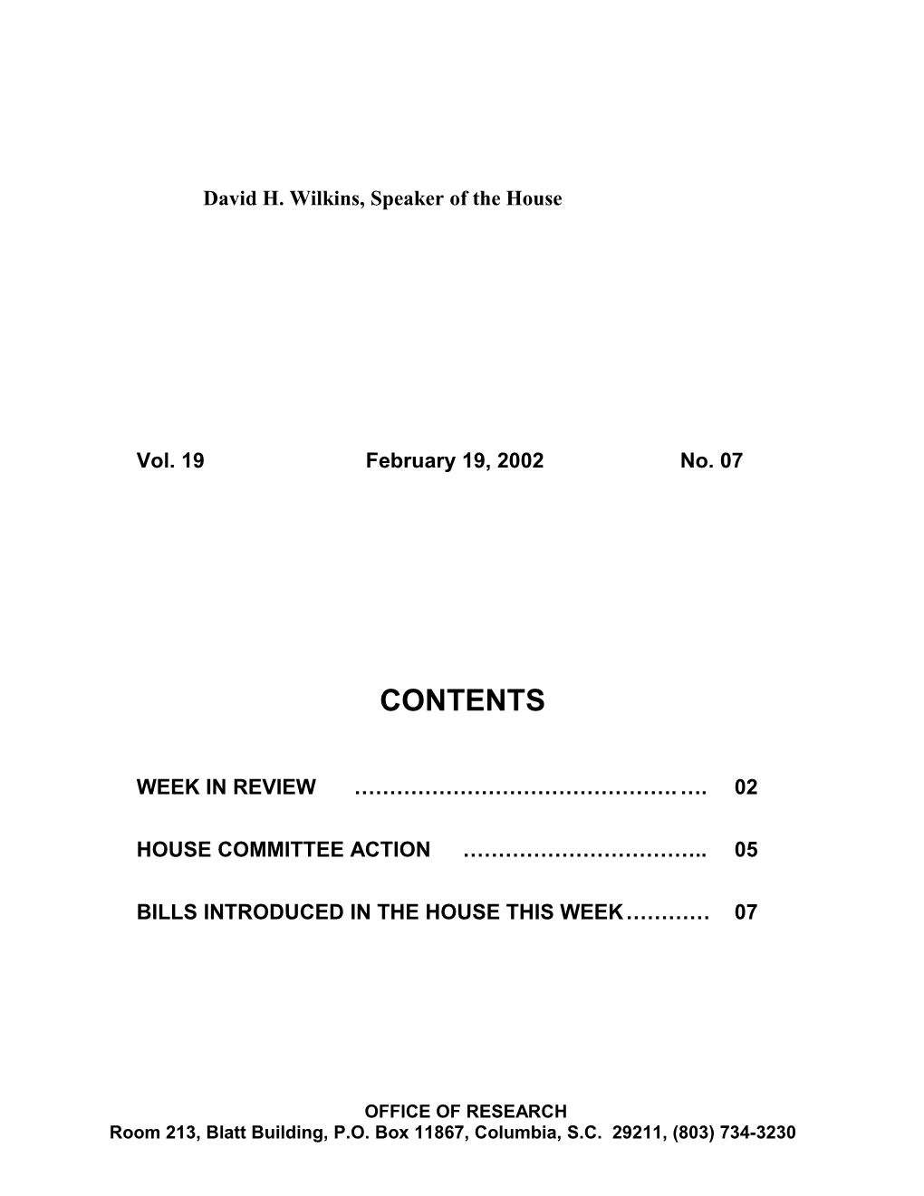 Legislative Update - Vol. 19 No. 07 February 19, 2002 - South Carolina Legislature Online
