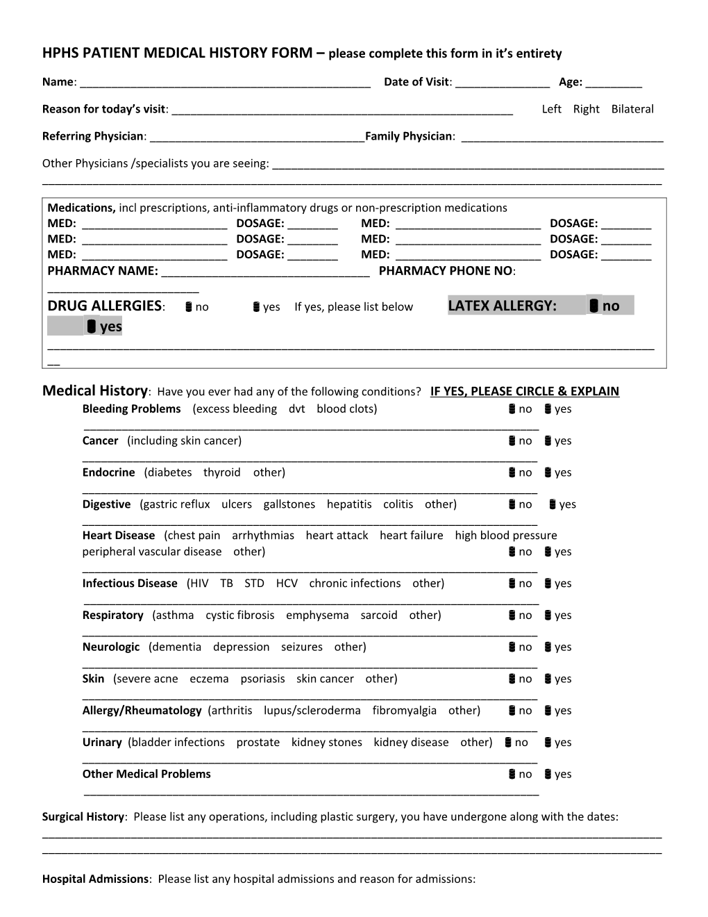 HPHS Patient Medical History Form