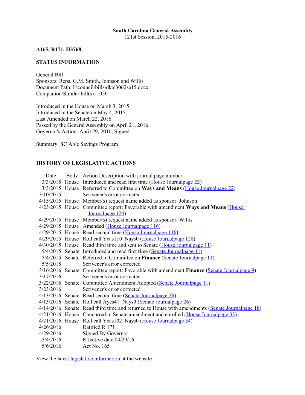 2015-2016 Bill 3768: SC Able Savings Program - South Carolina Legislature Online