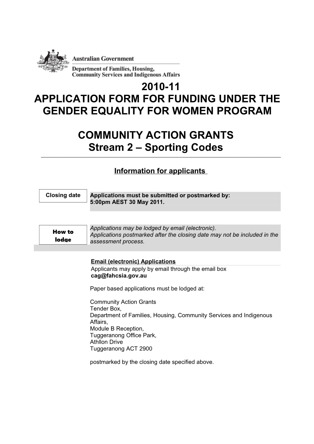 Application Form for Funding Under the Gender Equality for Women Program