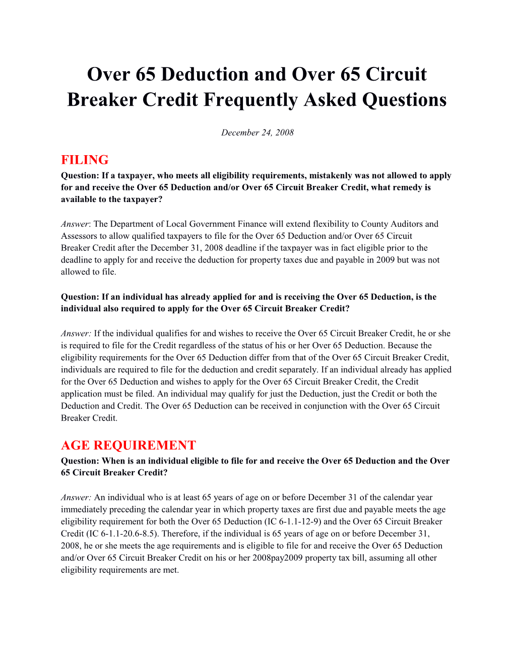 Over 65 Deduction and Over 65 Circuit Breaker Credit Frequently Asked Questions