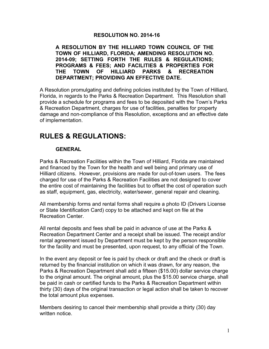 A Resolution by the Hilliard Town Council of the Town of Hilliard, Florida; Amending Resolution