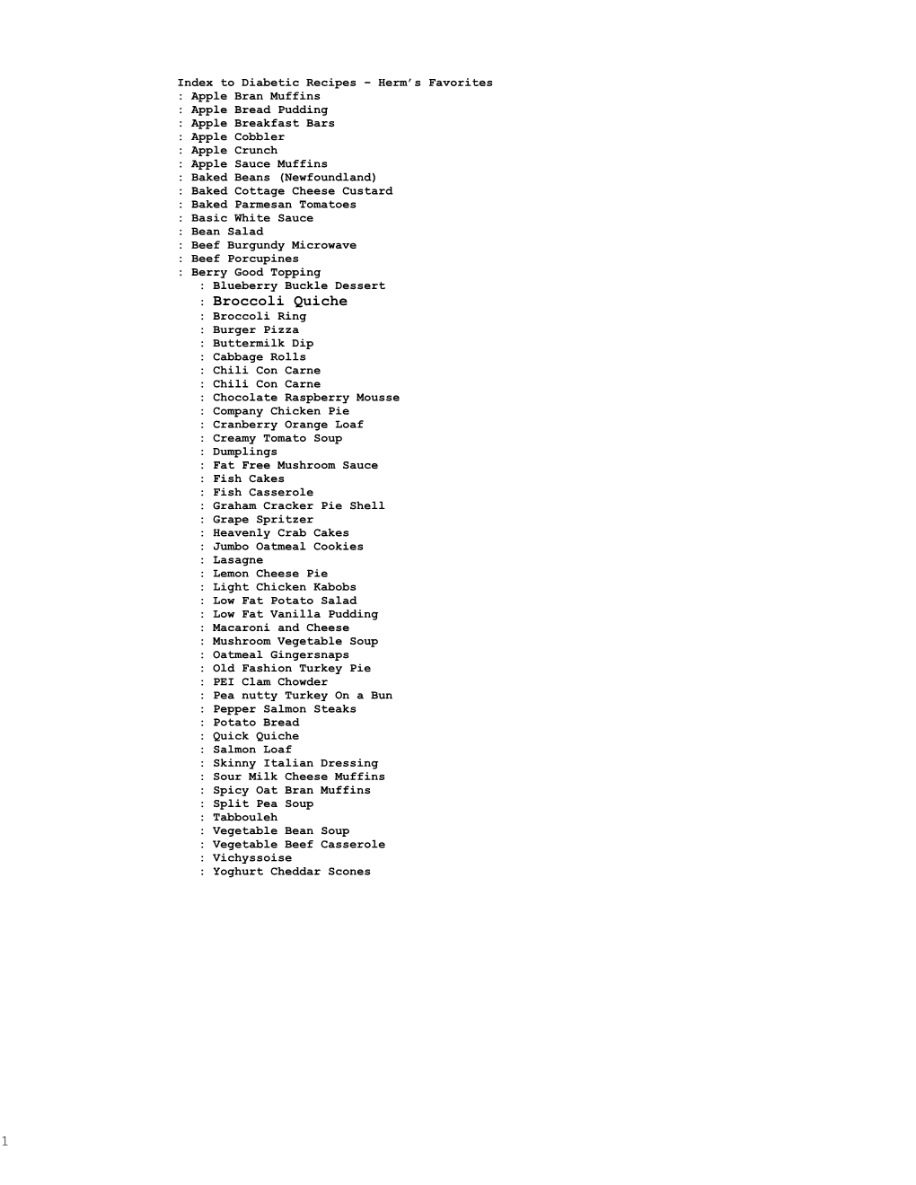 Index to Diabetic Recipes Herm S Favorites