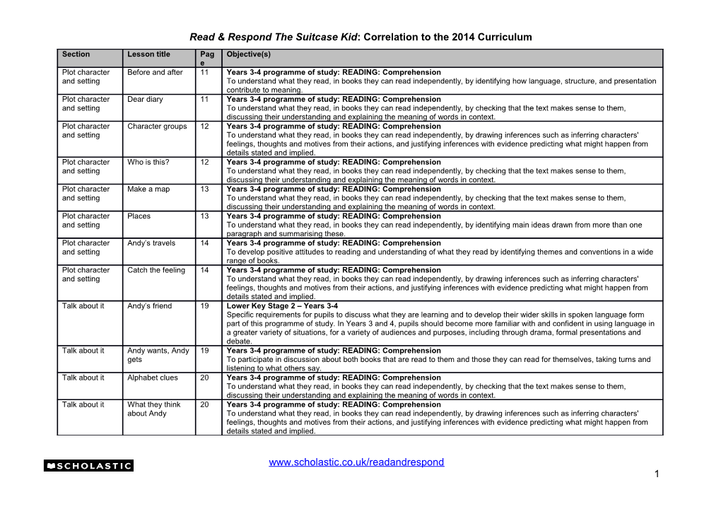 Read & Respond the Suitcase Kid: Correlation to the 2014 Curriculum