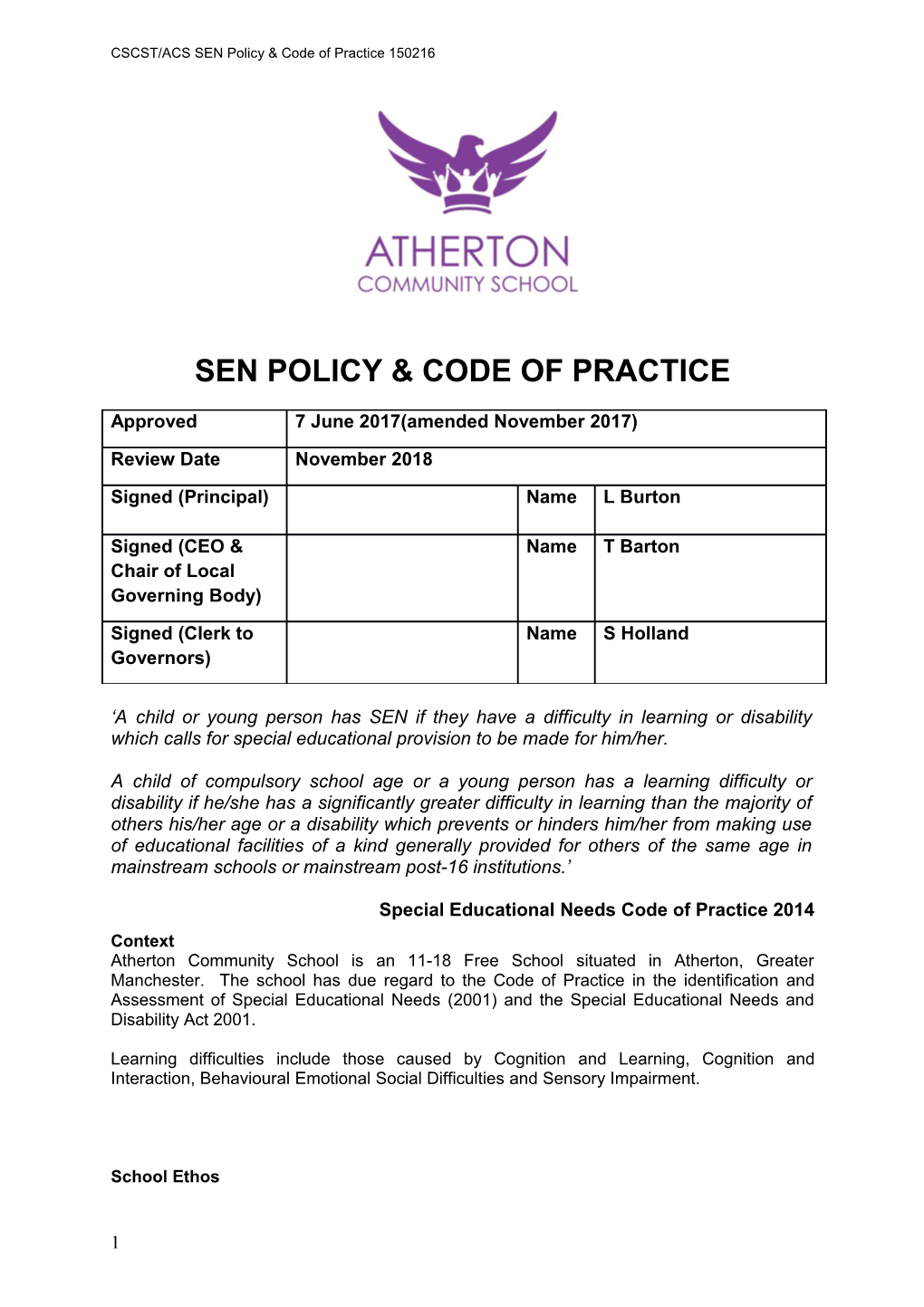 CSCST/ACS SEN Policy & Code of Practice 150216
