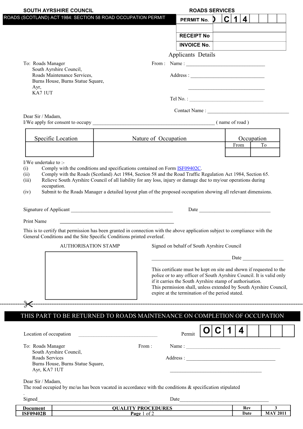 ROADS (SCOTLAND) ACT 1984: SECTION 58 ROAD OCCUPATION PERMIT Nnnnnnnn