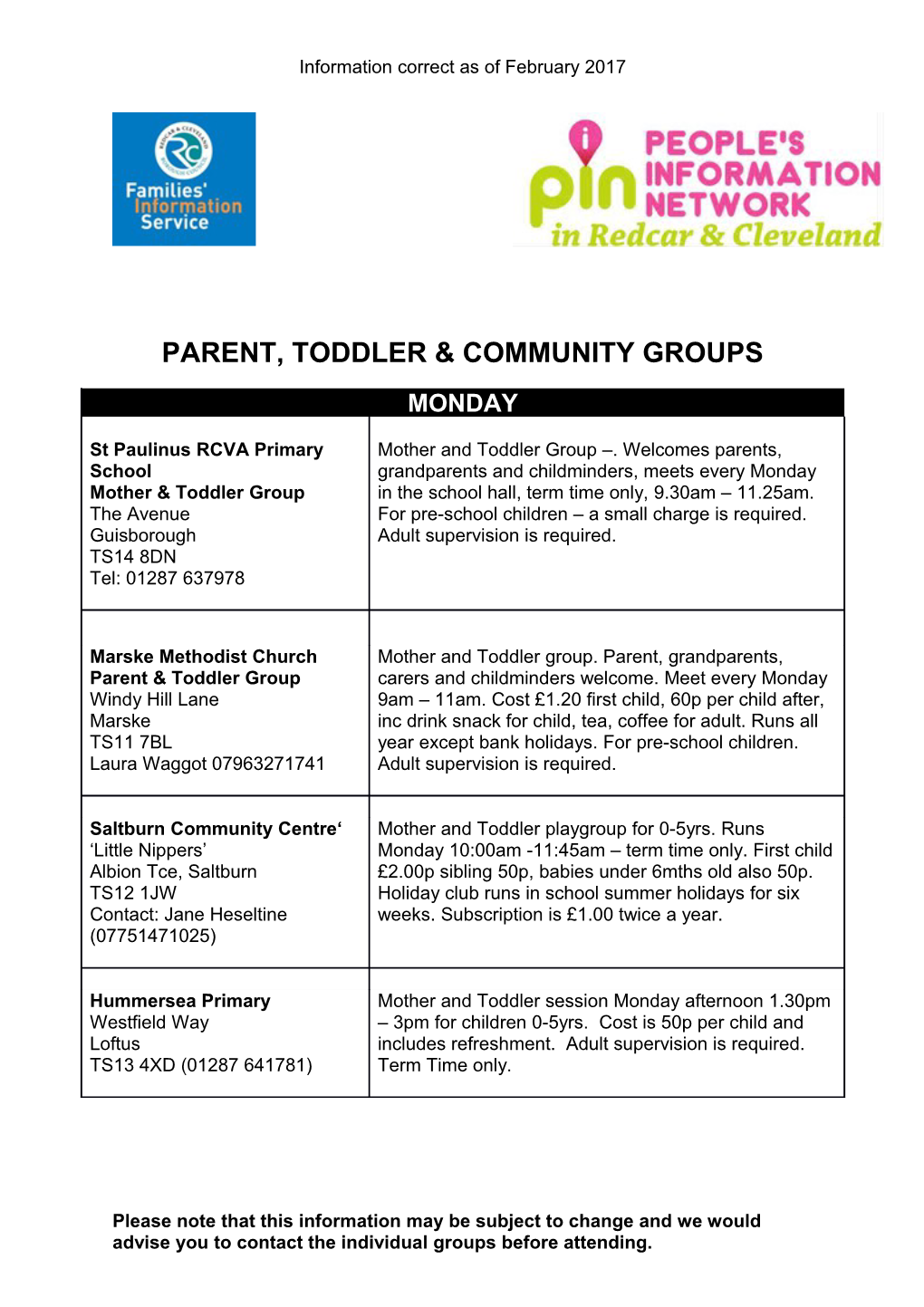 Parent, Toddler & Community Groups