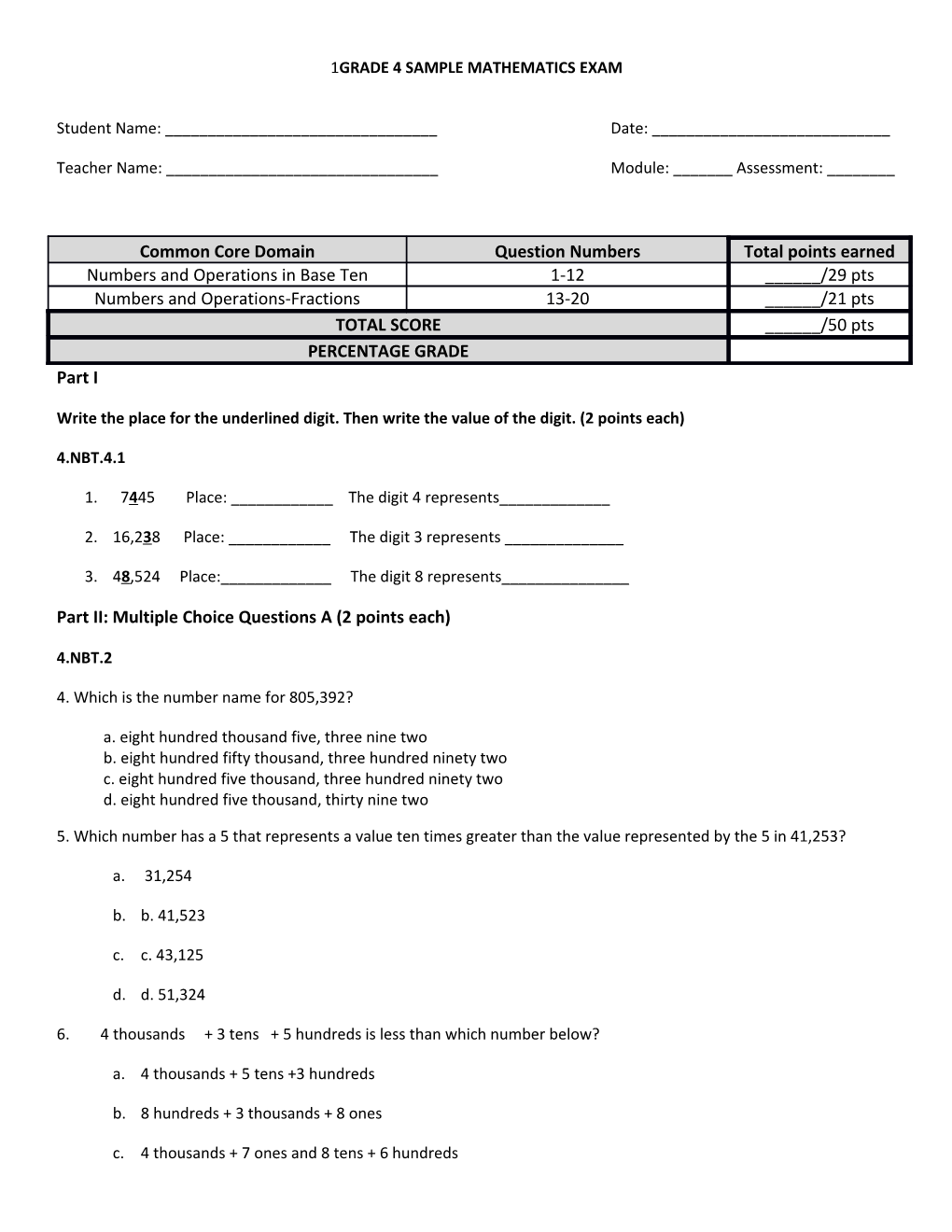 Grade 4 Sample Mathematics Exam