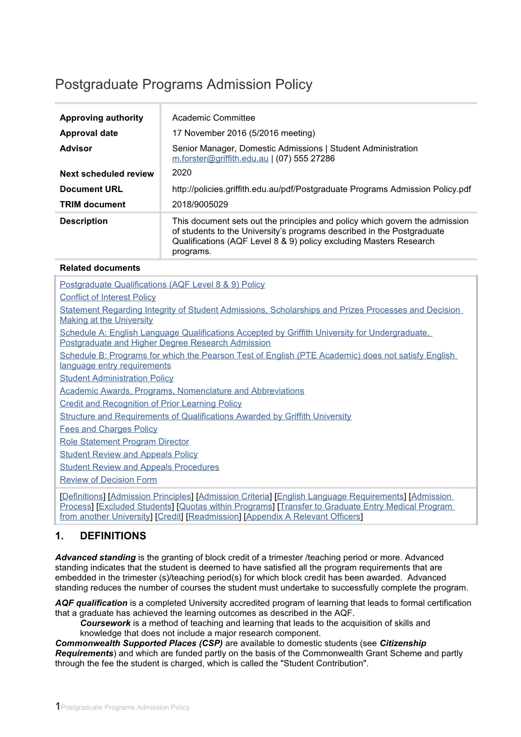 Postgraduate Programs Admission Policy