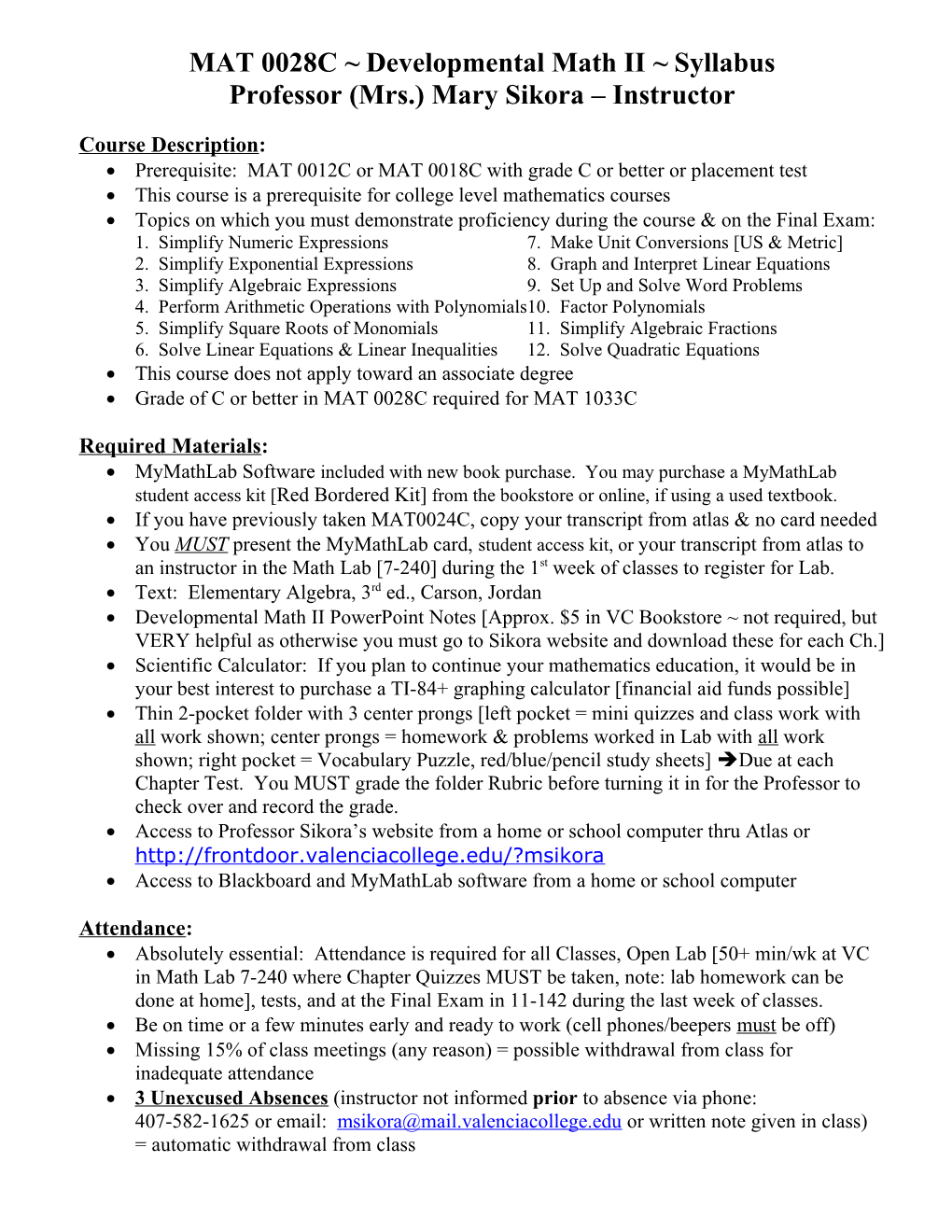 MAT 0028C Developmental Math II Syllabus