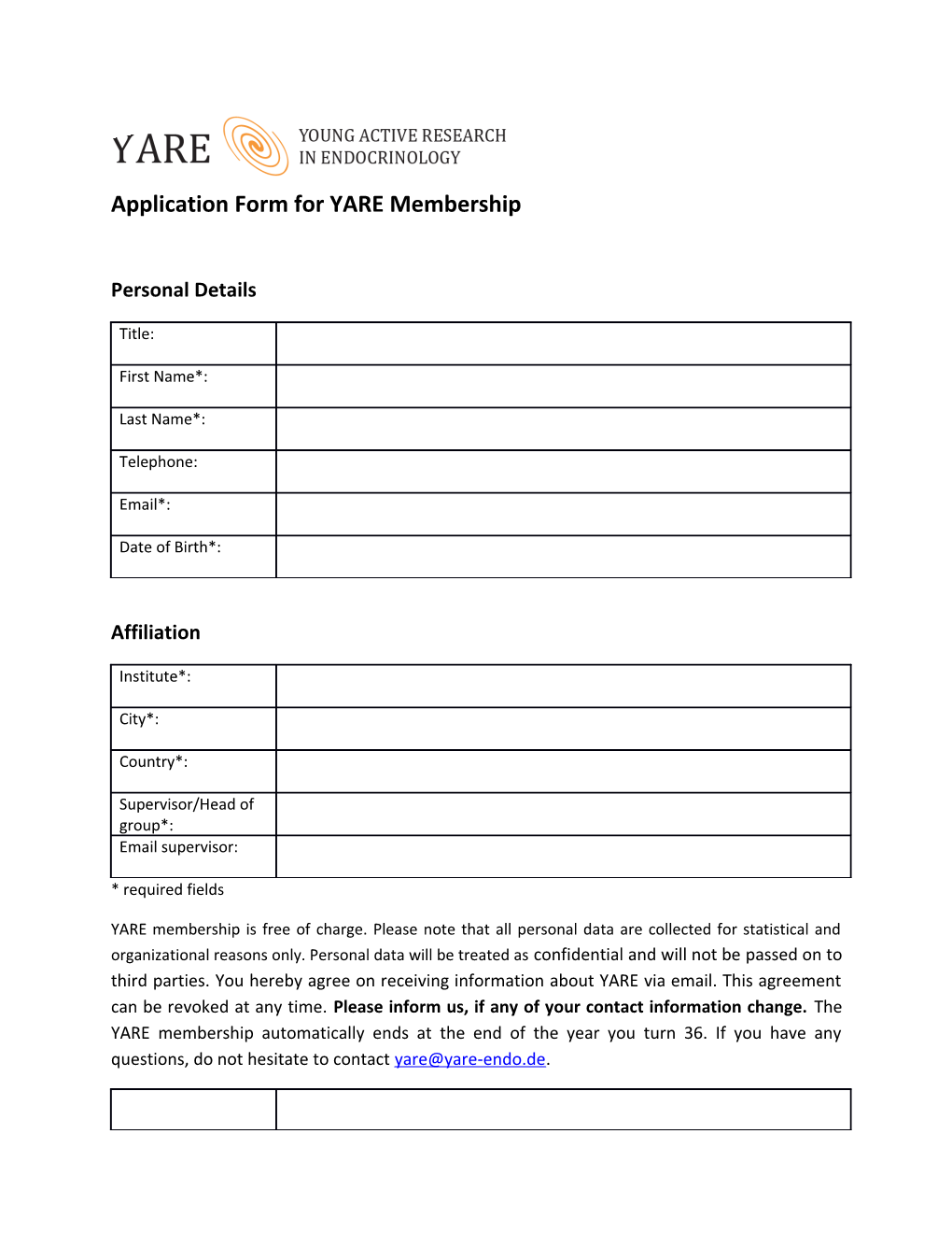 Application Form for YARE Membership