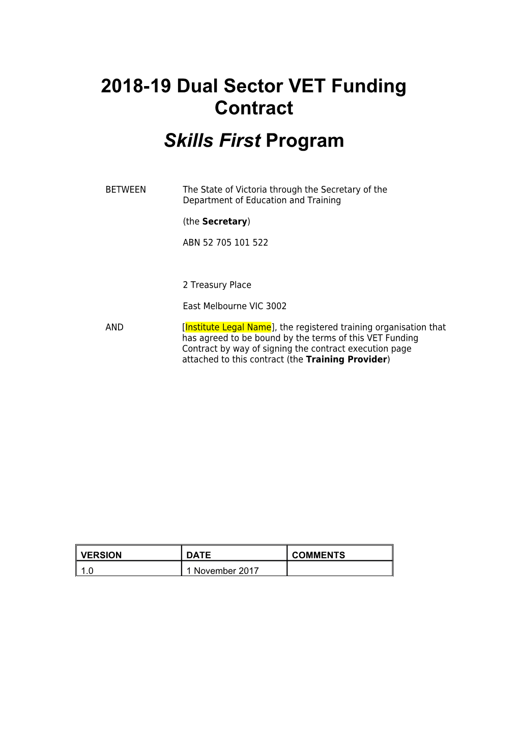 2018-19 Dual Sector VET Funding Contract - Skills First Program Version 1.0