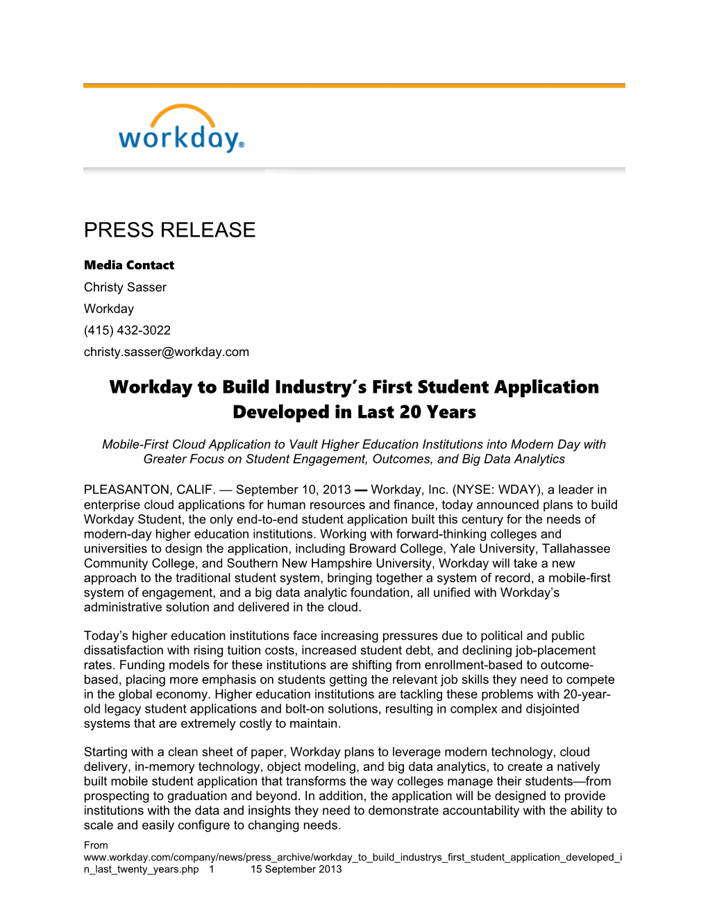 Workday to Build Industry S First Student Application Developed in Last 20 Years