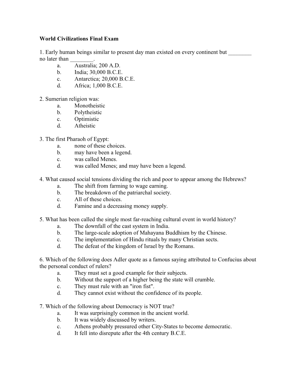 World Civilizations Final Exam