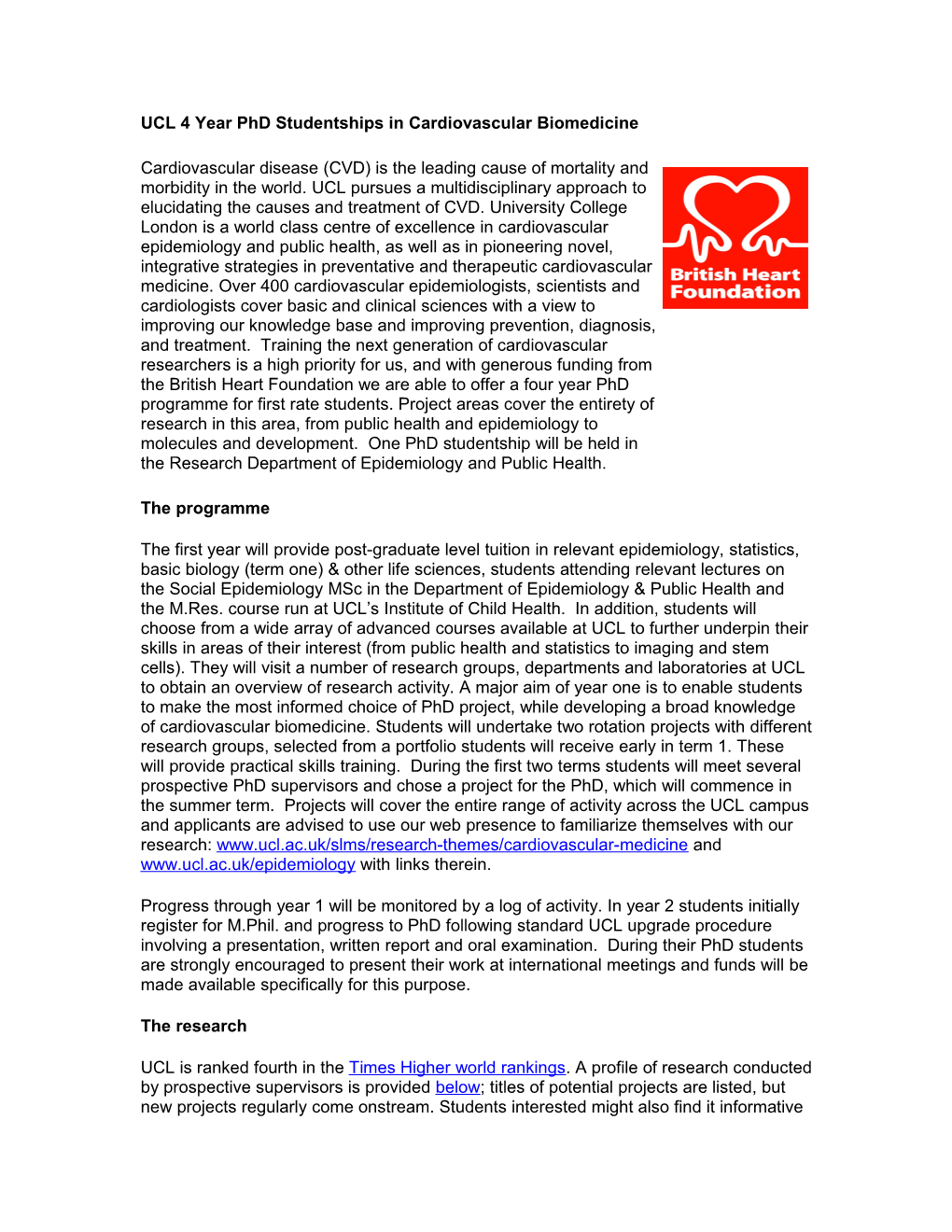 UCL 4 Year Phd Studentships in Cardiovascular Biomedicine