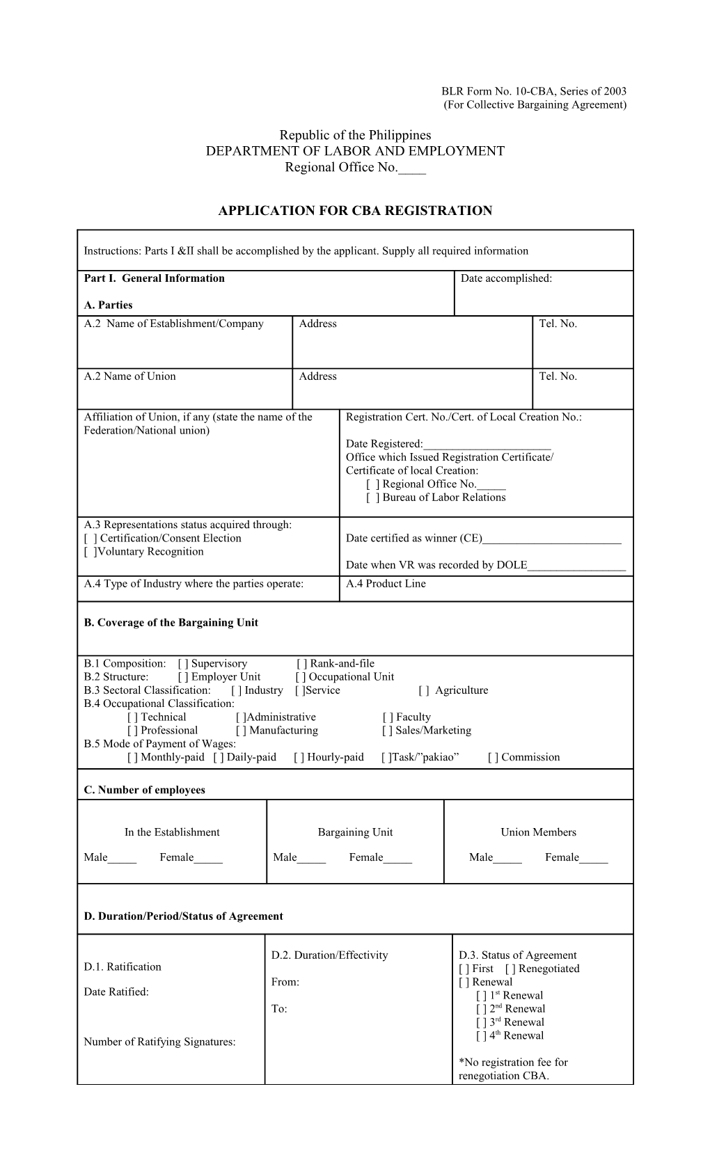 BLR Form No. 10-CBA, Series of 2003