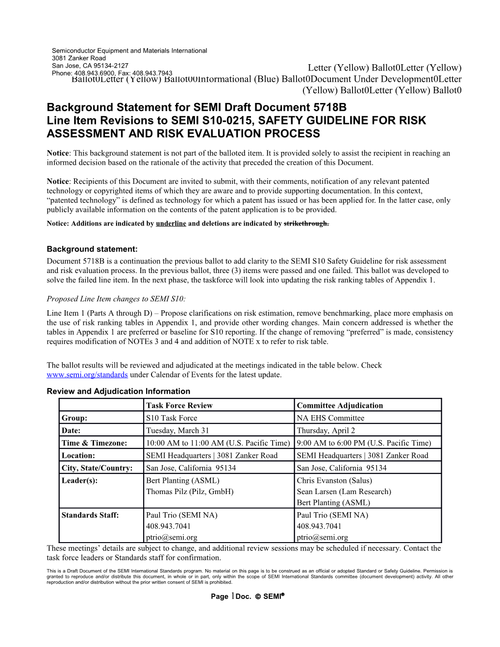 Background Statement for SEMI Draft Document 5718B