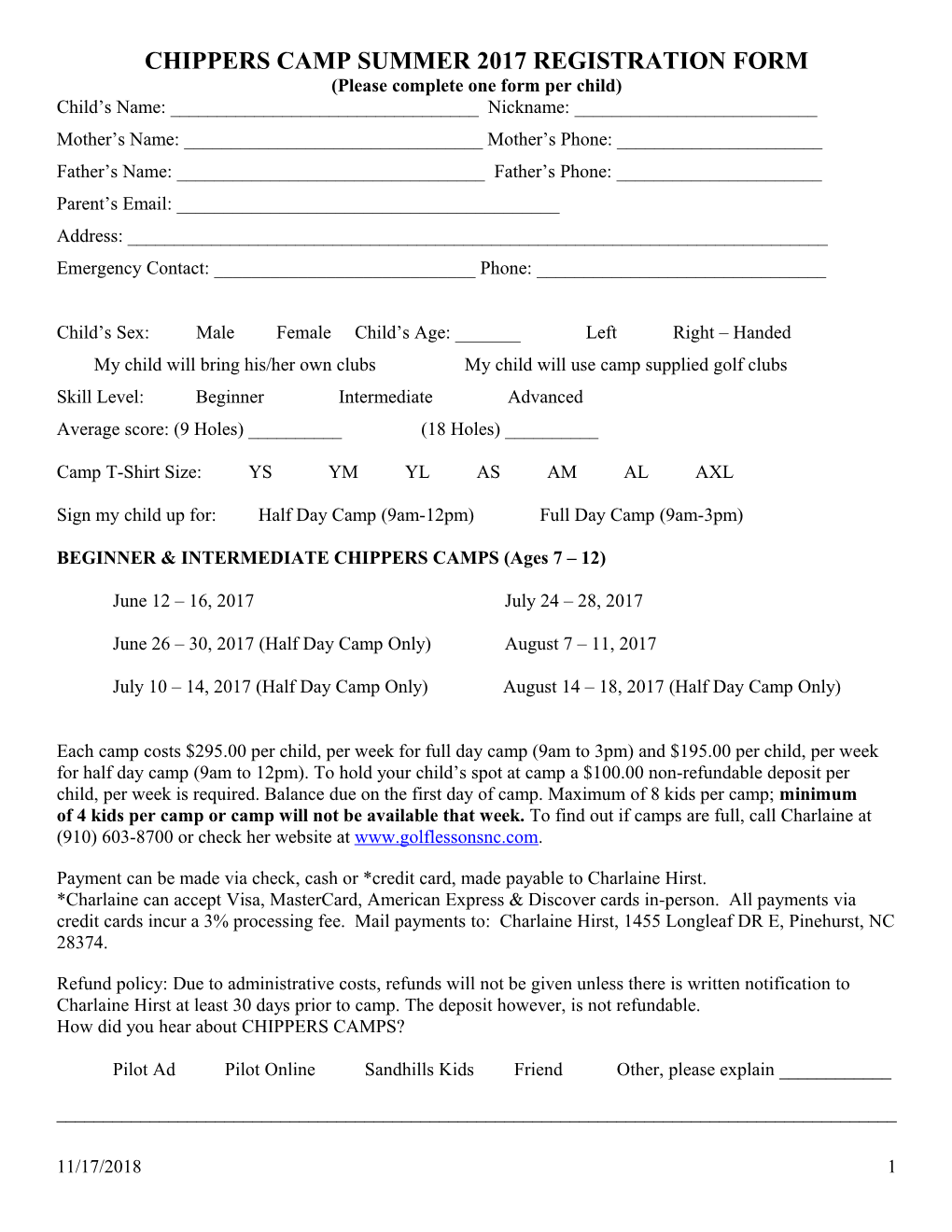 Chippers Camp Summer 2017Registration Form