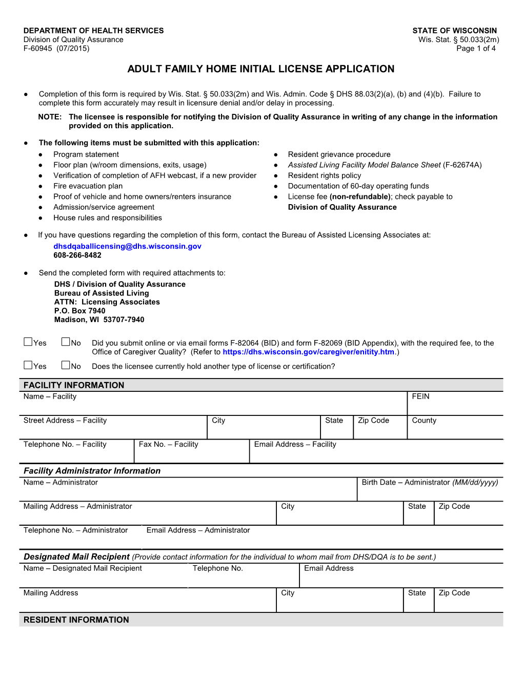 Adult Family Home Initial License Application, F-60945