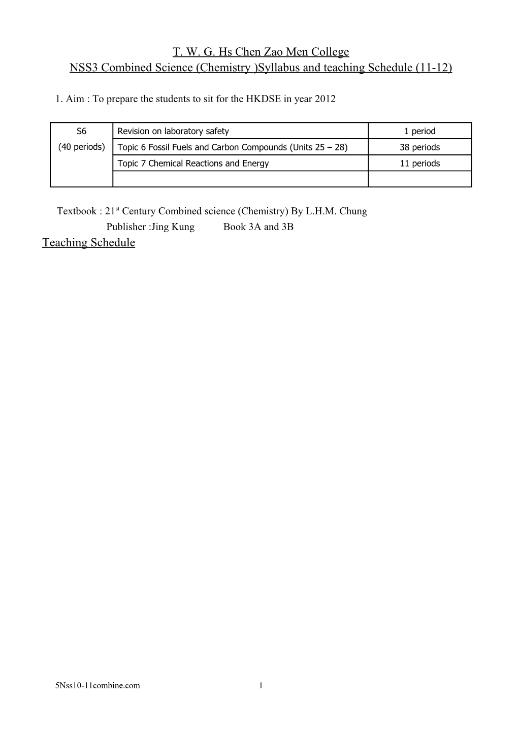 NSS3 Combined Science(Chemistry )Syllabus and Teaching Schedule (11-12)