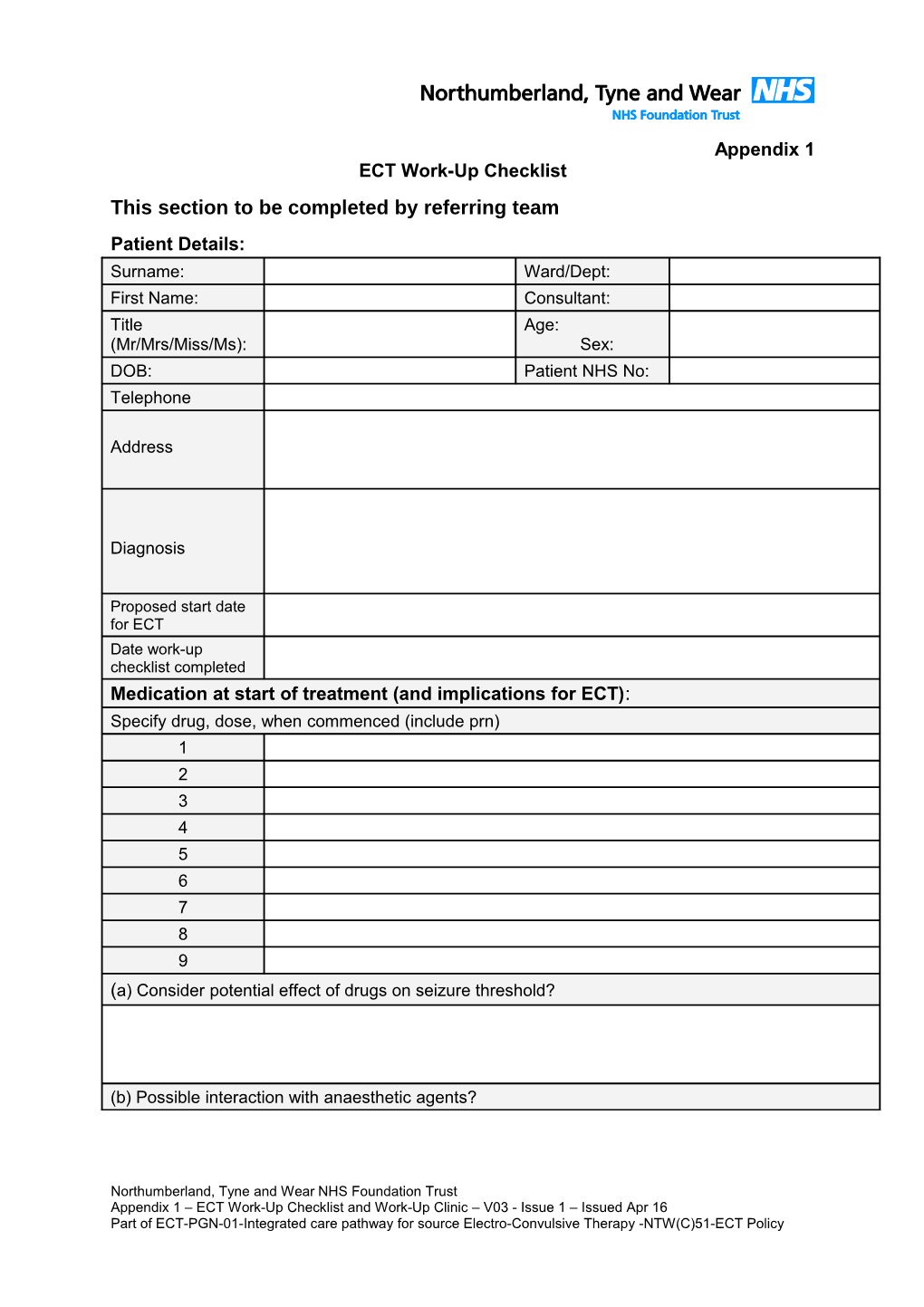 ECT Work-Up Checklist