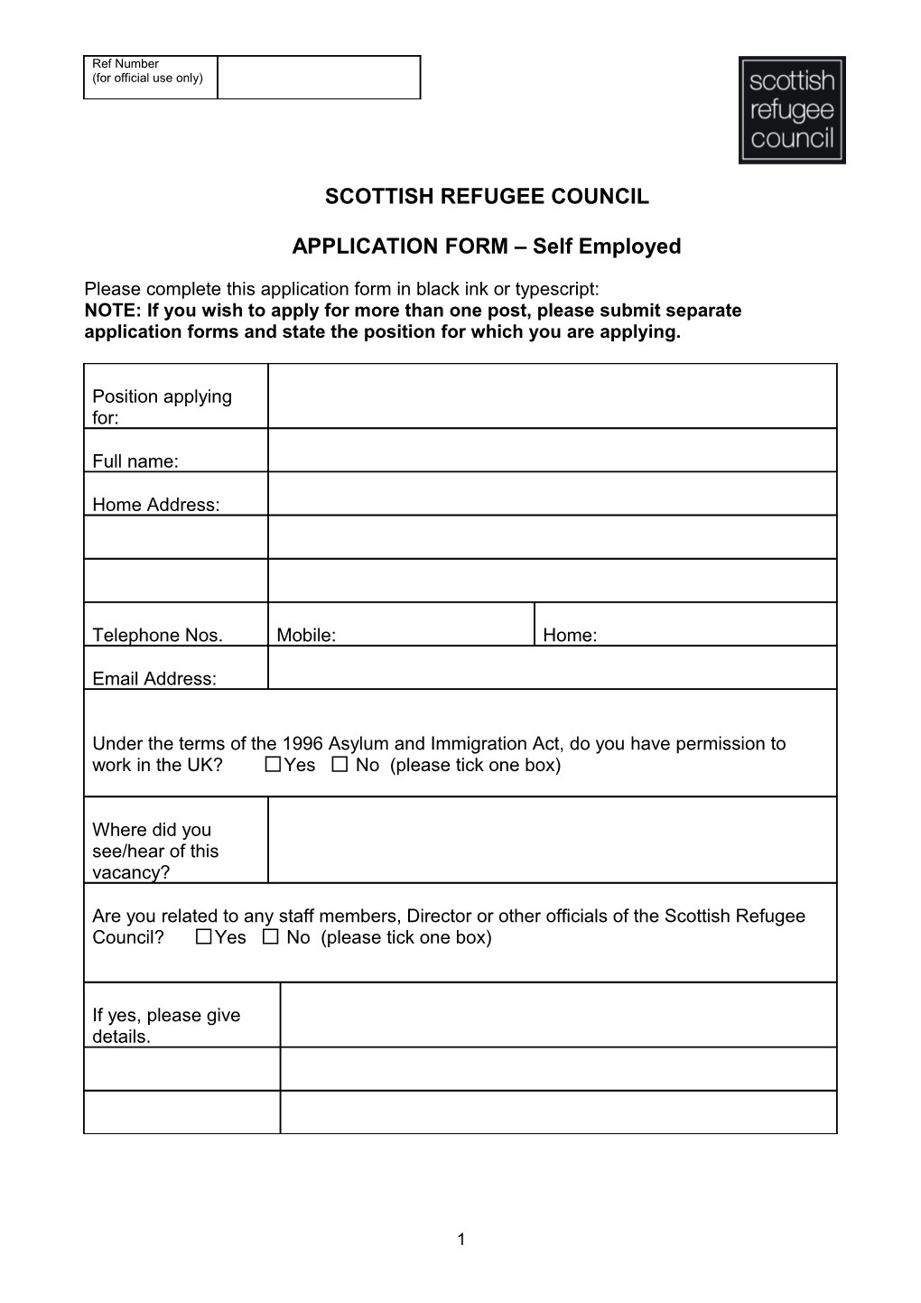 APPLICATION FORM Self Employed