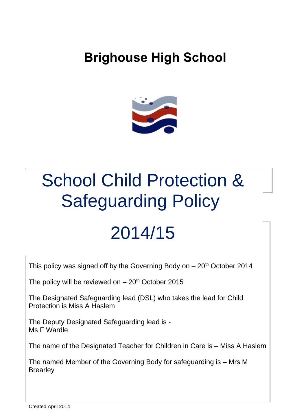 Example School Child Protection Policy