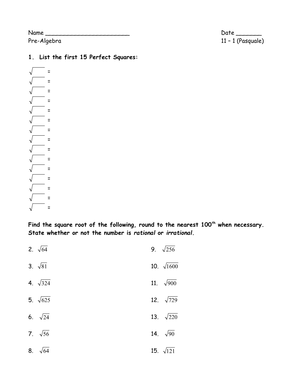 1. List the First 15 Perfect Squares