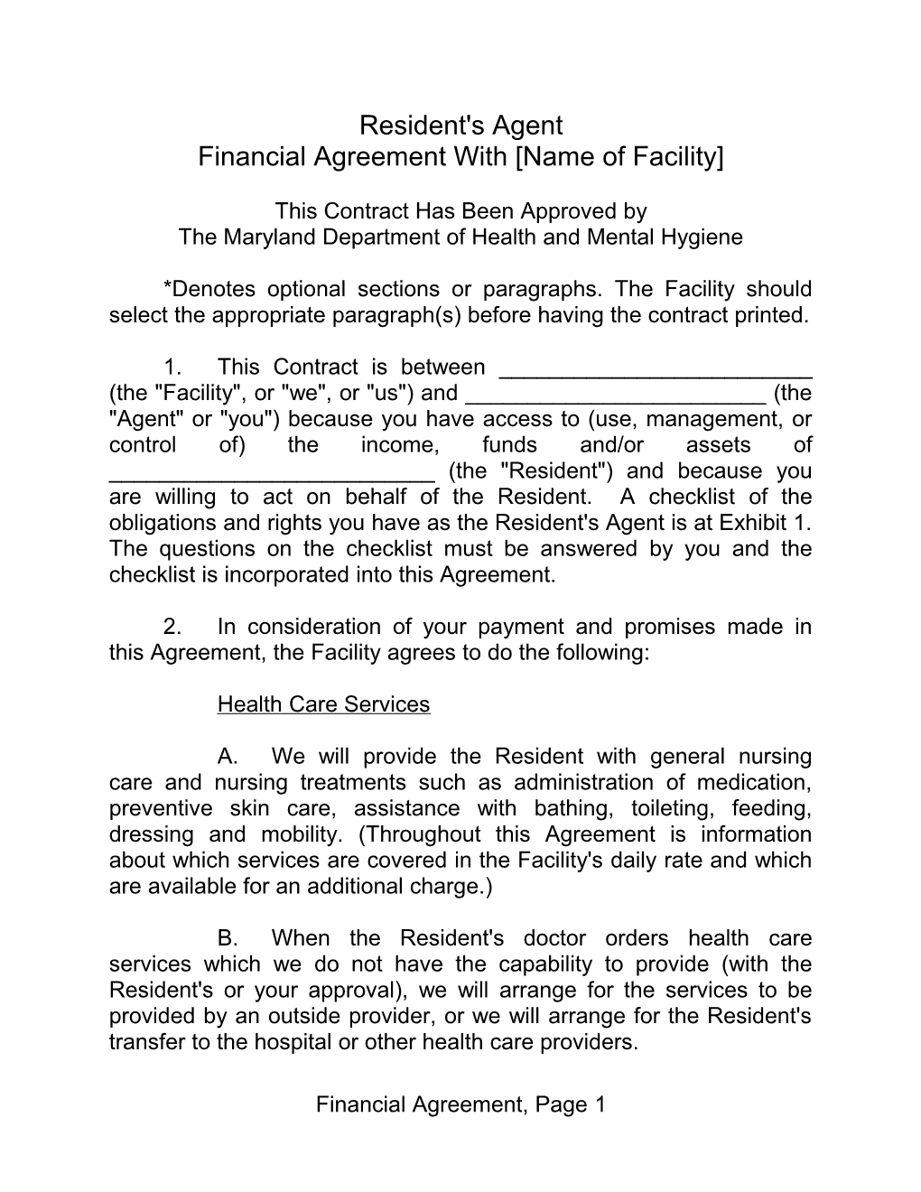 Financial Agreement with Name of Facility
