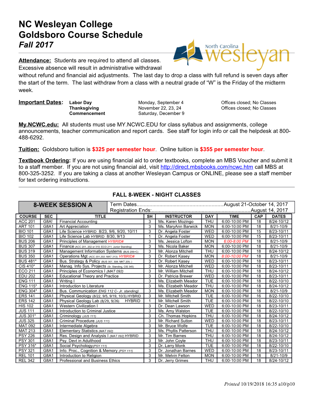 Goldsboro Course Schedule