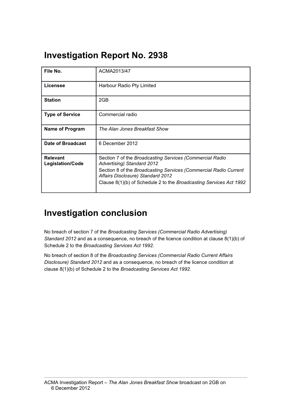 2GB - ACMA Investigation Report 2938