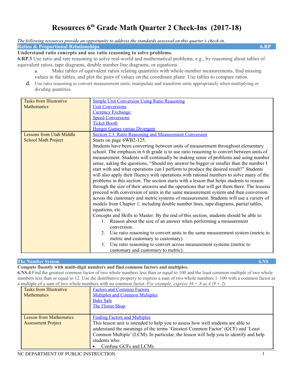 Resources 6Th Grade Math Quarter 2Check-Ins (2017-18)