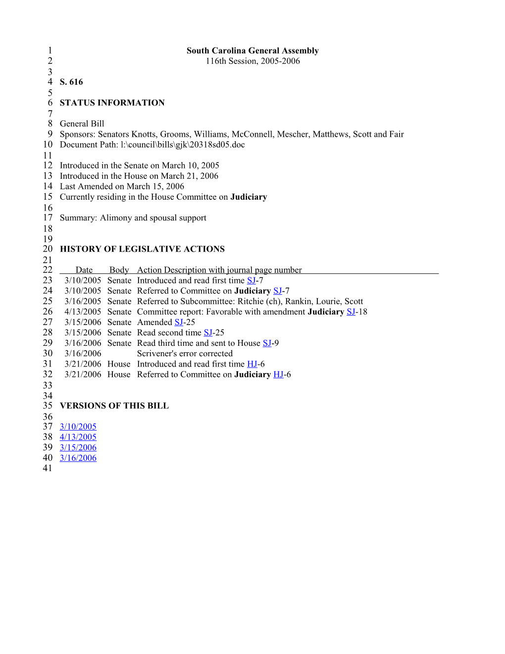 2005-2006 Bill 616: Alimony and Spousal Support - South Carolina Legislature Online