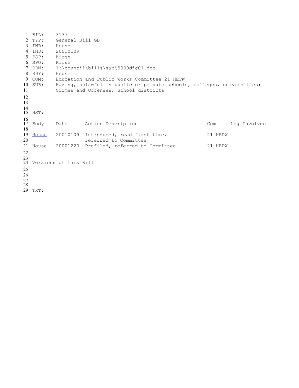 2001-2002 Bill 3137: Hazing, Unlawful in Public Or Private Schools, Colleges, Universities;