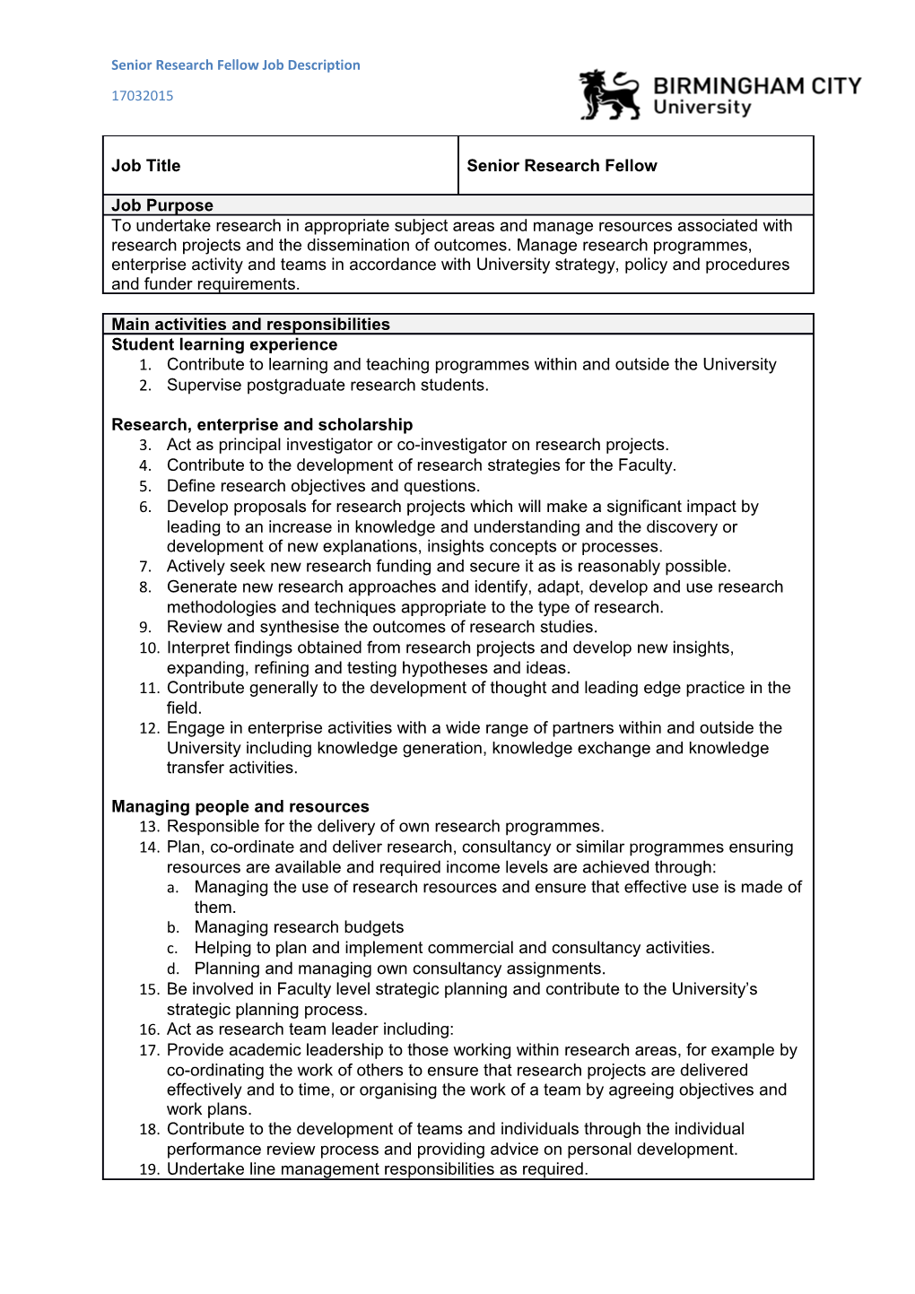 Senior Research Fellow Job Description