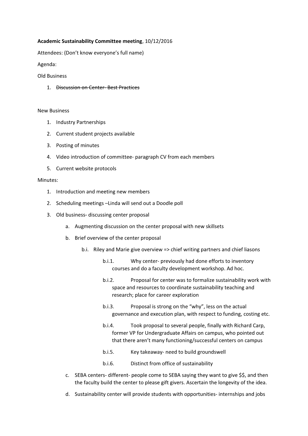 Academic Sustainability Committee Meeting , 10/12/2016