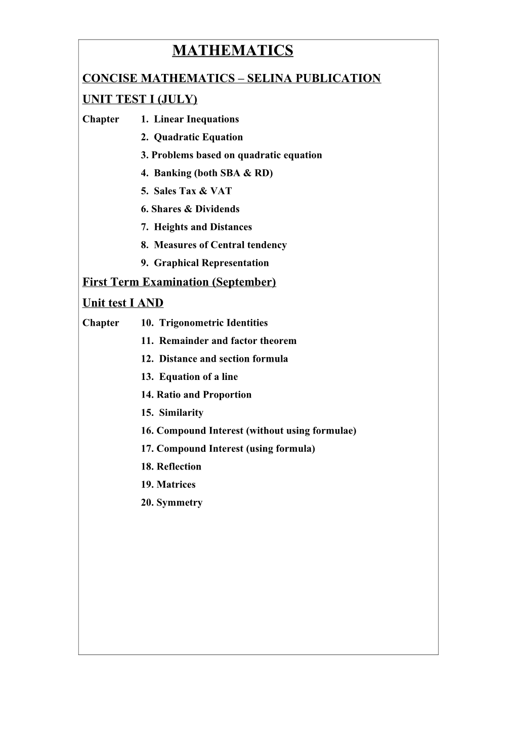 Concise Mathematics Selina Publication