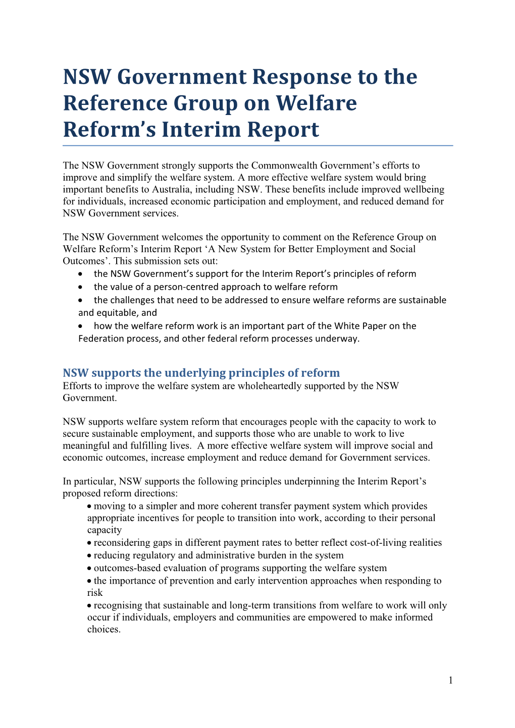 NSW Government Response to the Reference Group on Welfare Reform S Interim Report