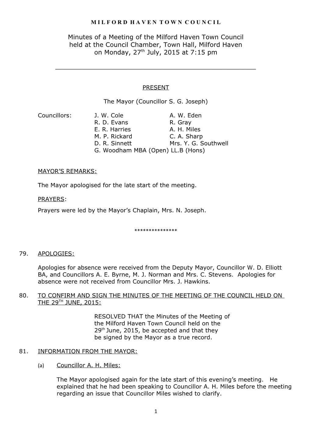 Minutes of a Meeting of the Milford Haven Town Council