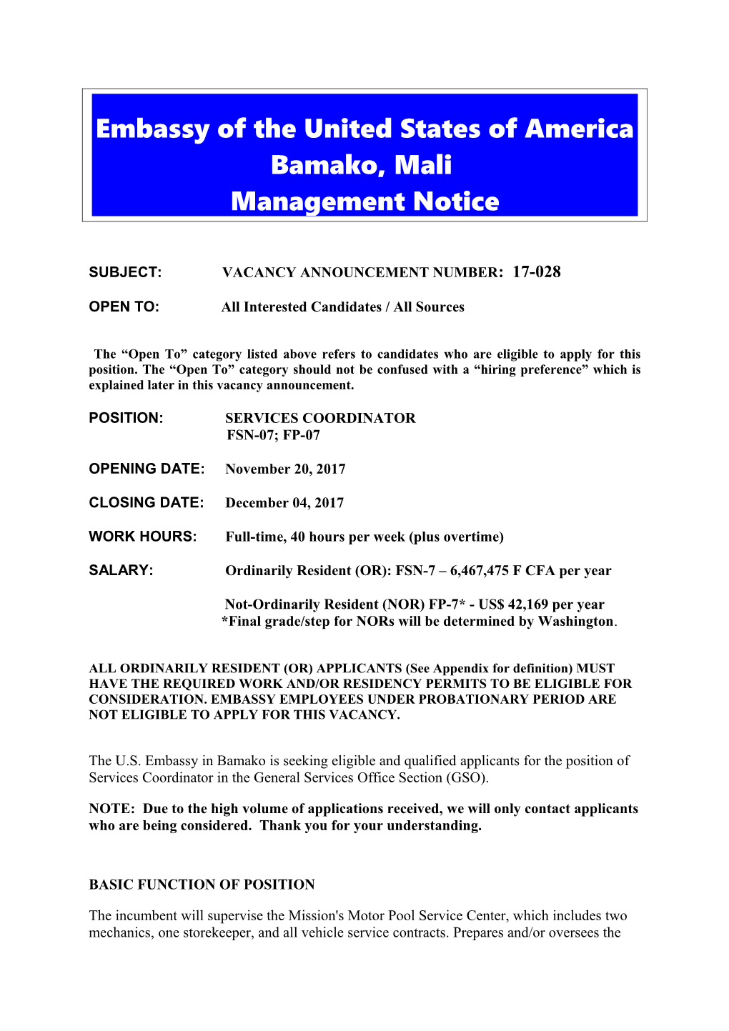 Subject: Vacancy Announcement Number: 17-028