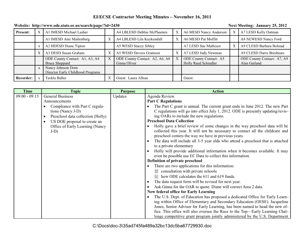 EI/ECSE Contractor Meeting Minutes November 16, 2011