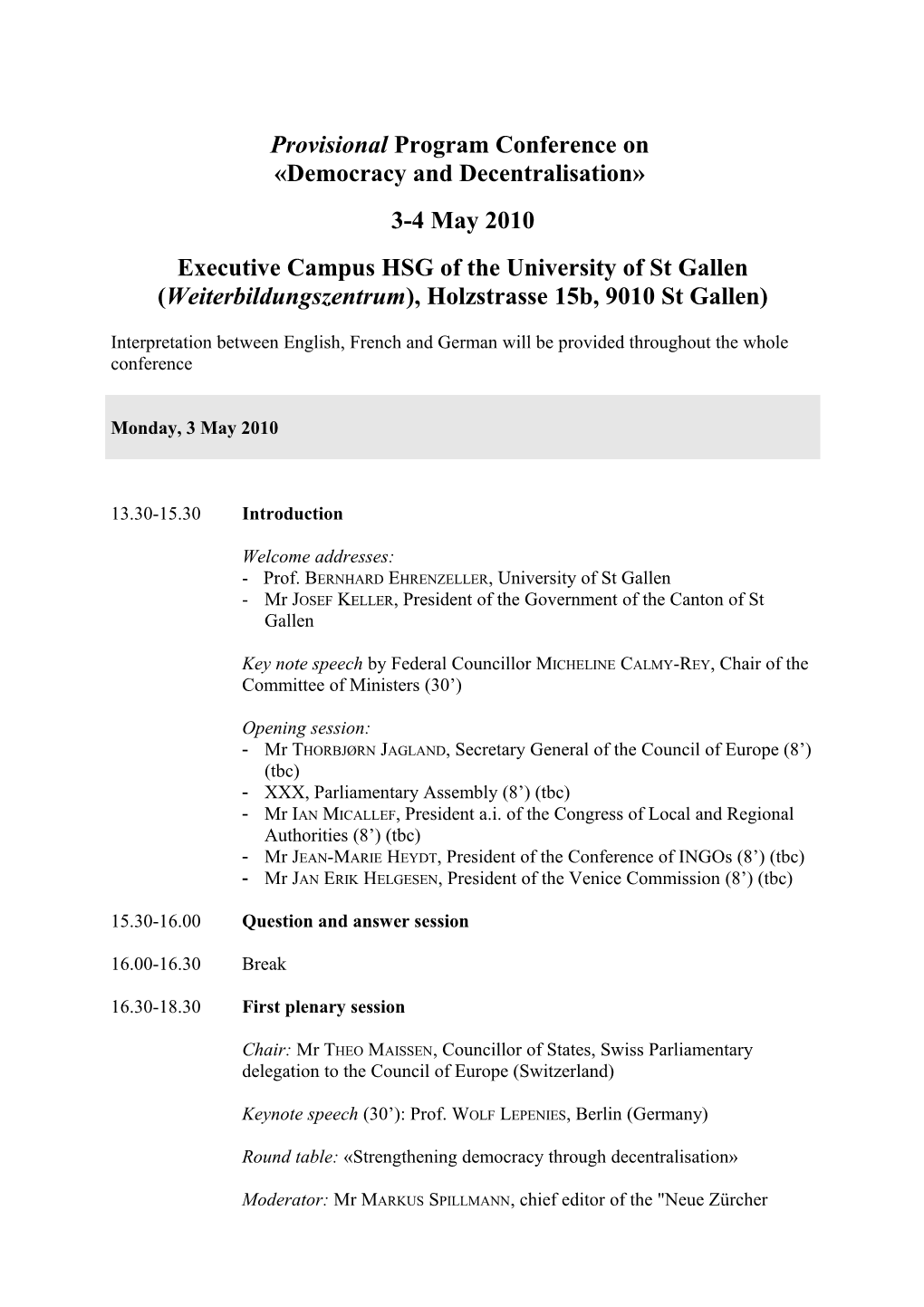 Programme Provisoire De La Conférence