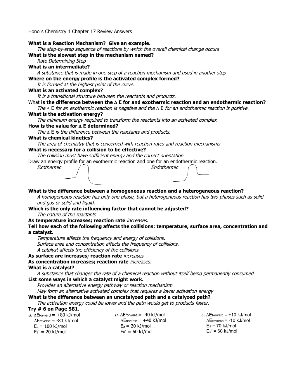 Honors Chemistry 1 Chapter 17 Review Questions