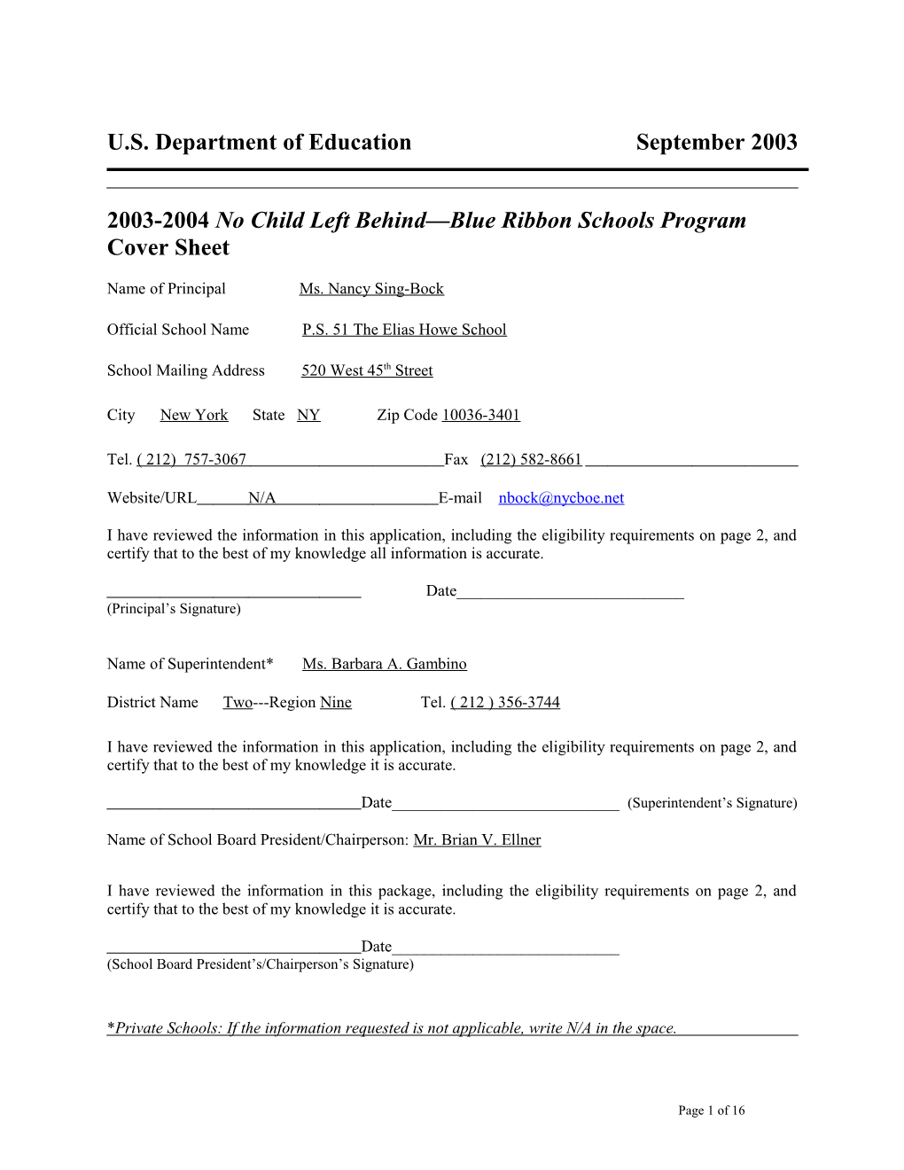 P.S. 51 the Elias Howe School 2004 No Child Left Behind-Blue Ribbon School Application (Msword)